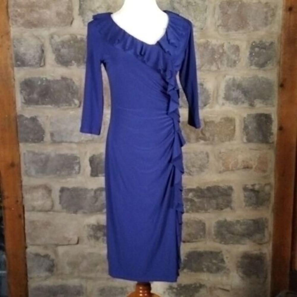 Jolibel Royal Blue Ruffled V-Neck Sheath Dress Size 6 Ruched 3/4 Sleeve Midi